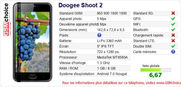 Doogee Shoot 2 Fiche technique