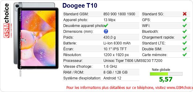 Doogee T10 Fiche technique Doogee T10 Fiche technique