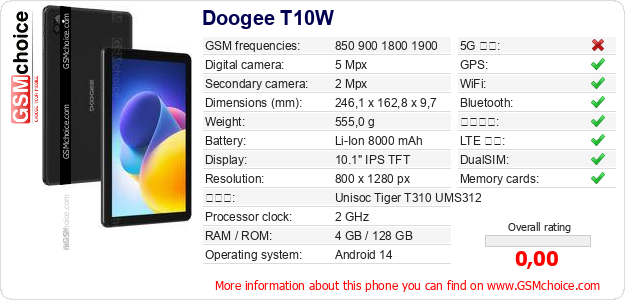 Doogee T10W 手機技術數據