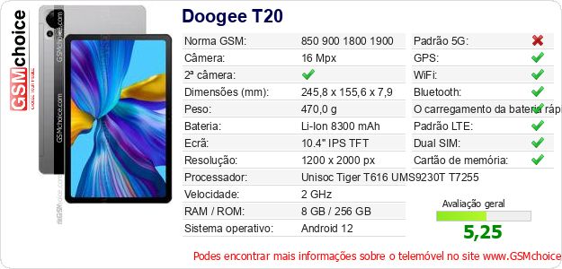 Doogee T20 Especificações técnicas do telemóvel Doogee T20 Especificações técnicas do telemóvel