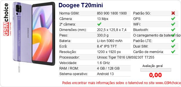 Doogee T20mini Especificações técnicas do telemóvel Doogee T20mini Especificações técnicas do telemóvel