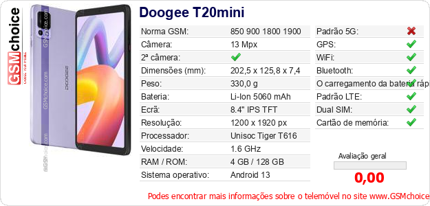 Doogee T20mini Especificações técnicas do telemóvel Doogee T20mini Especificações técnicas do telemóvel