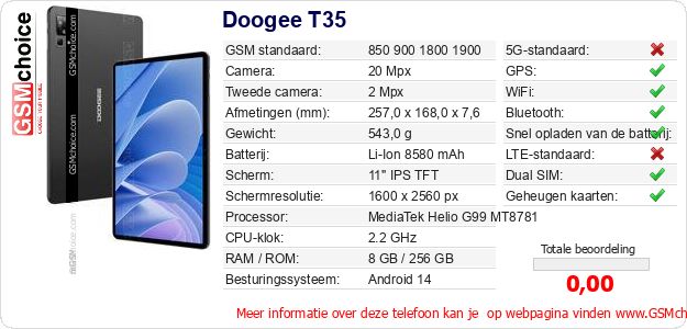 Doogee T35 Technische gegevens Doogee T35 Technische gegevens