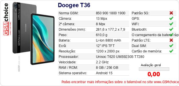 Doogee T36 Especificações técnicas do telemóvel Doogee T36 Especificações técnicas do telemóvel