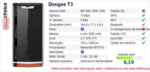 Doogee T3 Especificações técnicas do telemóvel Doogee T3 Especificações técnicas do telemóvel