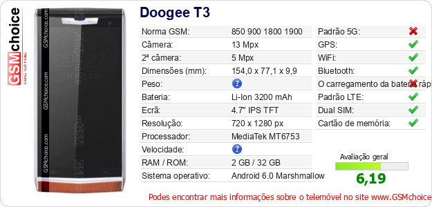 Doogee T3 Especificações técnicas do telemóvel Doogee T3 Especificações técnicas do telemóvel