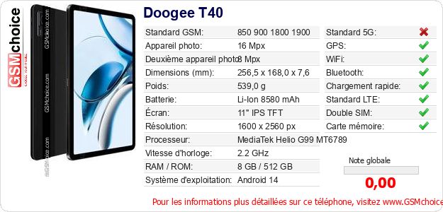 Doogee T40 Fiche technique