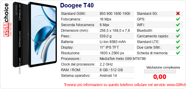 Doogee T40 Dati tecnici di telefono cellulare Doogee T40 Dati tecnici di telefono cellulare