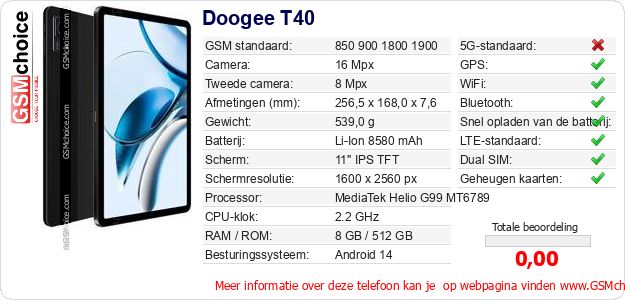 Doogee T40 Technische gegevens Doogee T40 Technische gegevens