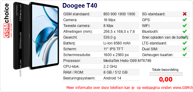 Doogee T40 Technische gegevens 