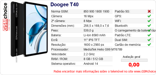 Doogee T40 Especificações técnicas do telemóvel 