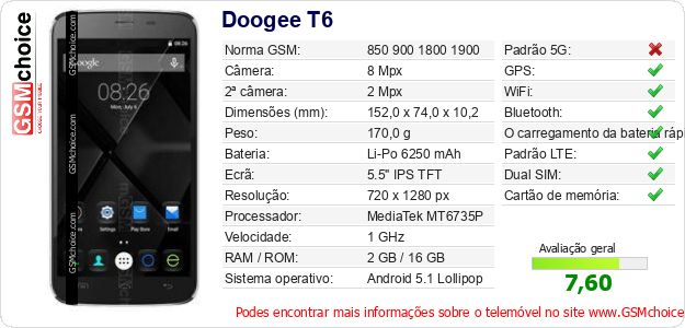 Doogee T6 Especificações técnicas do telemóvel Doogee T6 Especificações técnicas do telemóvel