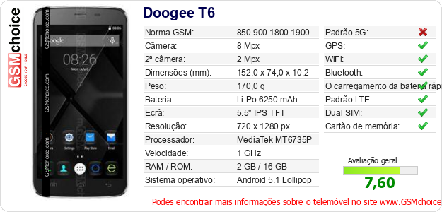 Doogee T6 Especificações técnicas do telemóvel 