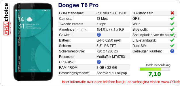Doogee T6 Pro Technische gegevens Doogee T6 Pro Technische gegevens
