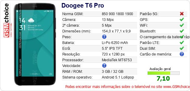 Doogee T6 Pro Especificações técnicas do telemóvel Doogee T6 Pro Especificações técnicas do telemóvel