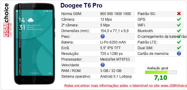 Doogee T6 Pro Especificações técnicas do telemóvel Doogee T6 Pro Especificações técnicas do telemóvel
