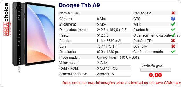 Doogee Tab A9 Especificações técnicas do telemóvel Doogee Tab A9 Especificações técnicas do telemóvel