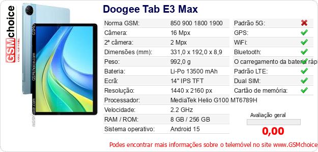 Doogee Tab E3 Max Especificações técnicas do telemóvel Doogee Tab E3 Max Especificações técnicas do telemóvel