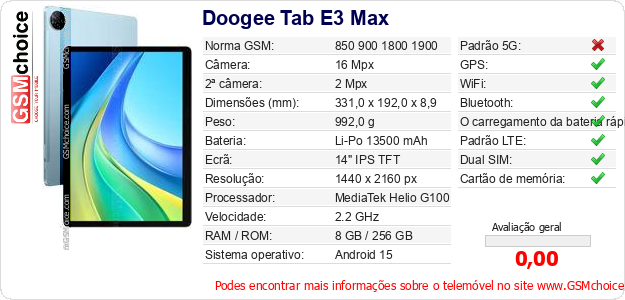 Doogee Tab E3 Max Especificações técnicas do telemóvel Doogee Tab E3 Max Especificações técnicas do telemóvel
