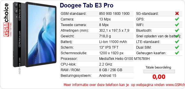Doogee Tab E3 Pro Technische gegevens 