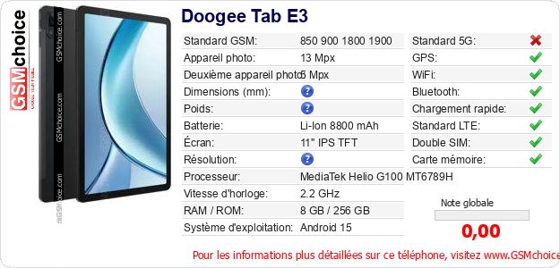 Doogee Tab E3 Fiche technique