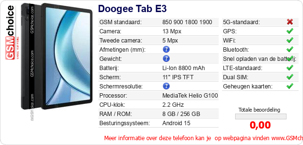 Doogee Tab E3 Technische gegevens 