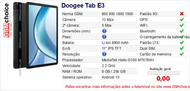Doogee Tab E3 Especificações técnicas do telemóvel 