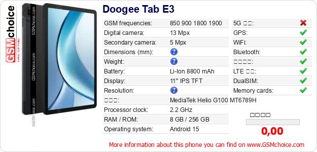 Doogee Tab E3 手機技術數據
