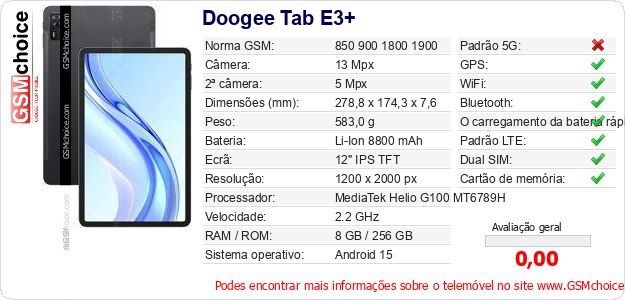 Doogee Tab E3+ Especificações técnicas do telemóvel Doogee Tab E3+ Especificações técnicas do telemóvel