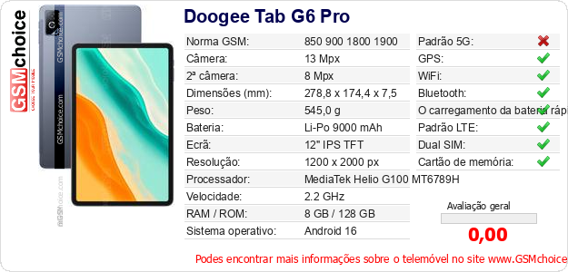 Doogee Tab G6 Pro Especificações técnicas do telemóvel Doogee Tab G6 Pro Especificações técnicas do telemóvel
