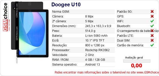 Doogee U10 Especificações técnicas do telemóvel 