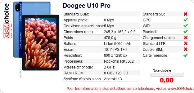 Doogee U10 Pro Fiche technique