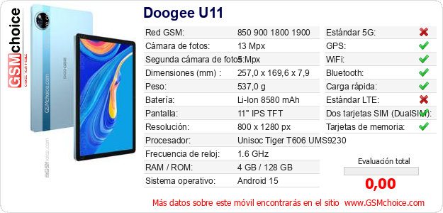 Doogee U11 Datos técnicos del móvil 