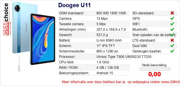 Doogee U11 Technische gegevens Doogee U11 Technische gegevens