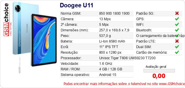 Doogee U11 Especificações técnicas do telemóvel Doogee U11 Especificações técnicas do telemóvel