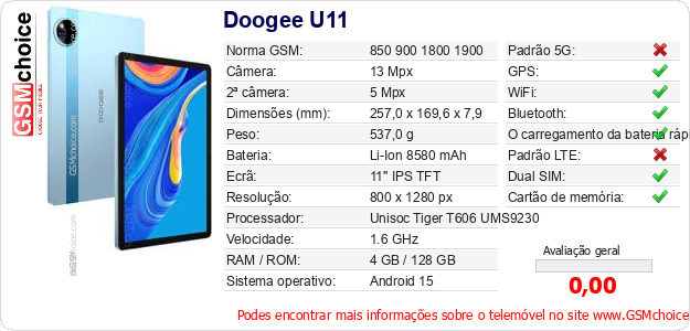 Doogee U11 Especificações técnicas do telemóvel 