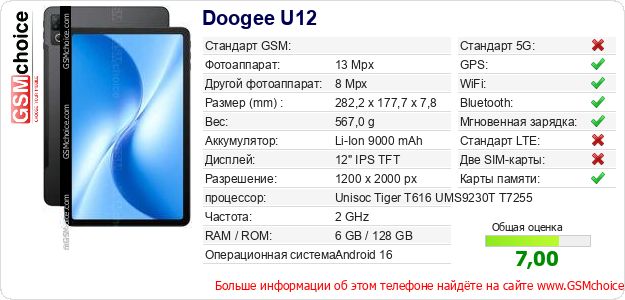 Doogee U12 Технические данные телефона Doogee U12 Технические данные телефона