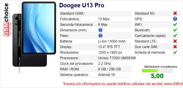 Doogee U13 Pro Dati tecnici di telefono cellulare Doogee U13 Pro Dati tecnici di telefono cellulare