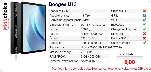 Doogee U13 Fiche technique