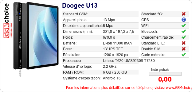 Doogee U13 Fiche technique