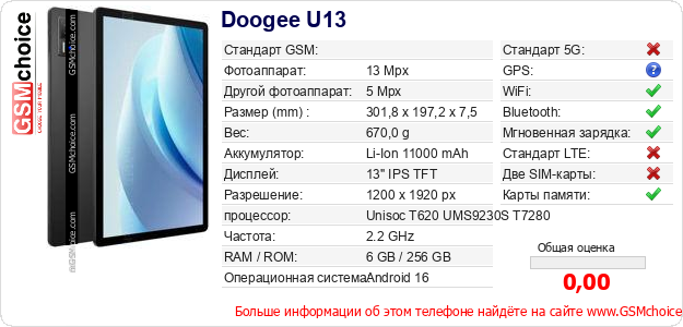 Doogee U13 Технические данные телефона Doogee U13 Технические данные телефона