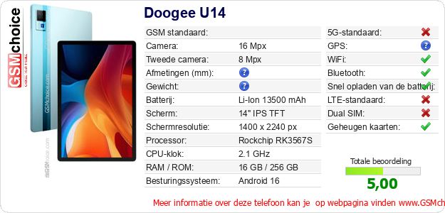 Doogee U14 Technische gegevens 