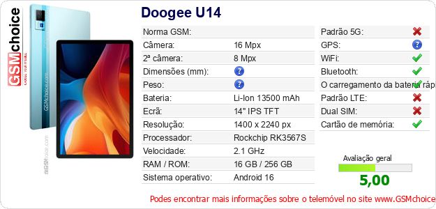 Doogee U14 Especificações técnicas do telemóvel 