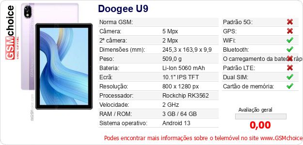 Doogee U9 Especificações técnicas do telemóvel Doogee U9 Especificações técnicas do telemóvel