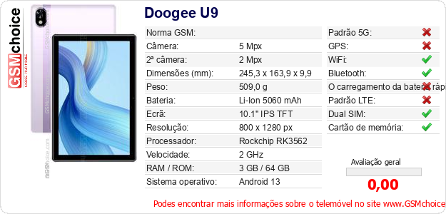 Doogee U9 Especificações técnicas do telemóvel 