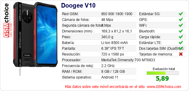Doogee V10 Datos técnicos del móvil Doogee V10 Datos técnicos del móvil
