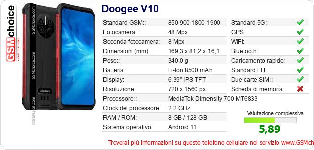 Doogee V10 Dati tecnici di telefono cellulare Doogee V10 Dati tecnici di telefono cellulare