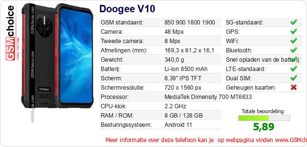 Doogee V10 Technische gegevens Doogee V10 Technische gegevens