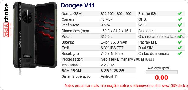 Doogee V11 Especificações técnicas do telemóvel 