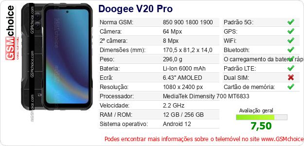 Doogee V20 Pro Especificações técnicas do telemóvel Doogee V20 Pro Especificações técnicas do telemóvel